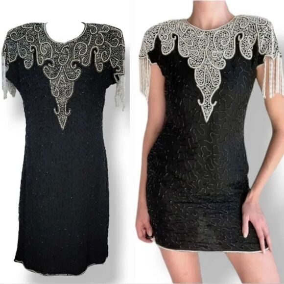 NEW 80s Vintage Lawrence Kazar 100% Silk Beaded and Pearls Evening Gown in Black - Picture 1 of 14